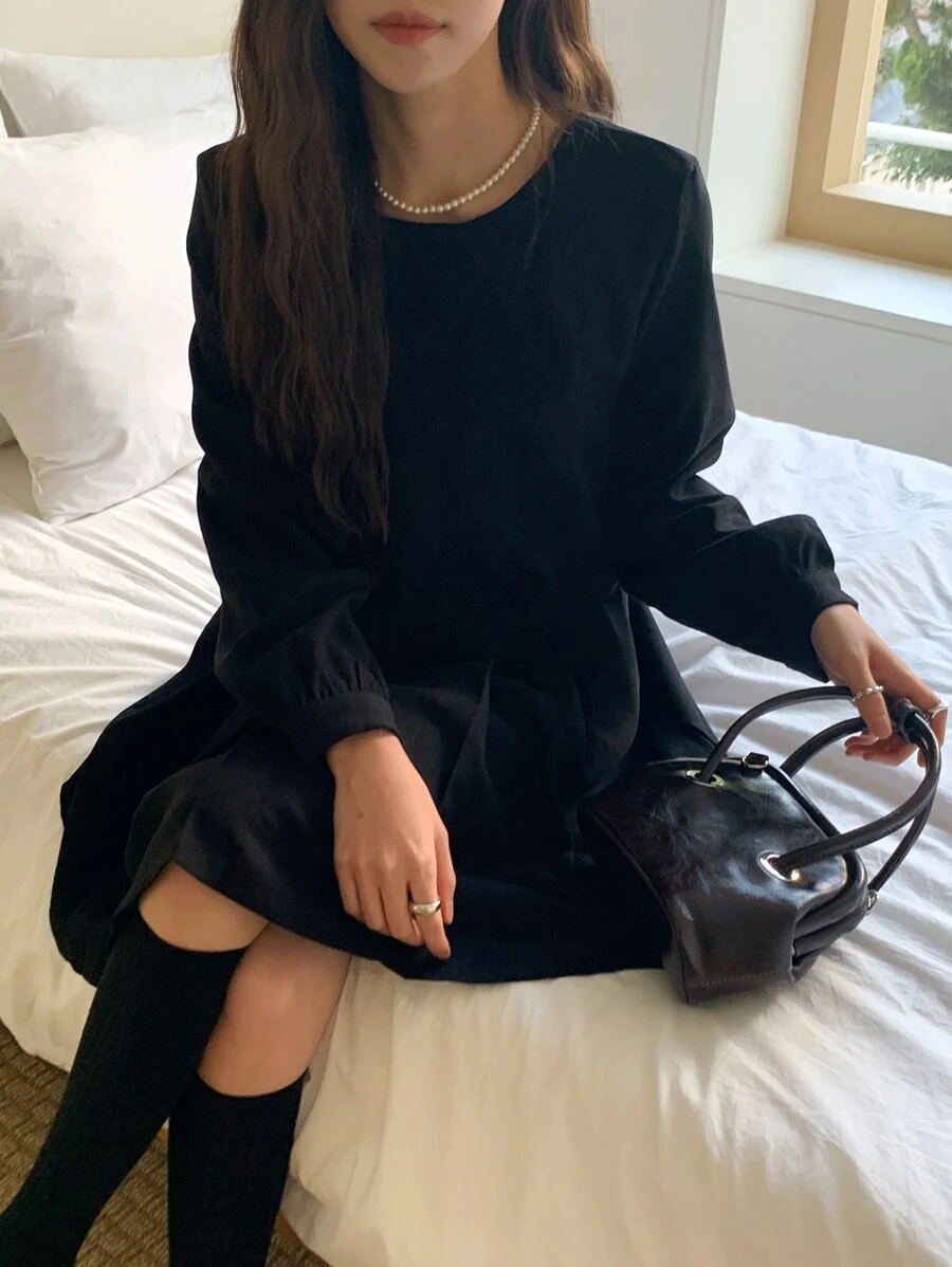 DAZY Solid Pleated Hem Dress - Black - View 1