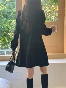 DAZY Solid Pleated Hem Dress - Black - View 2