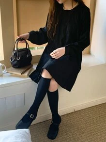 DAZY Solid Pleated Hem Dress - Black - View 3