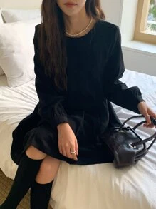 DAZY Solid Pleated Hem Dress - Black - View 4