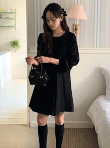 DAZY Solid Pleated Hem Dress - Black - View 8