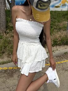 DAZY 褶皱胸衣镂空刺绣双层下摆抹胸连衣裙，适合邮轮旅行、度假等场合，可作吊带裙、迷你裙等。 - 白色 - 查看 8