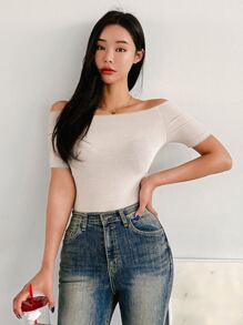 DAZY Camiseta de hombros descubiertos de color sólido, crop tops para mujer - Albaricoque - Ver 3