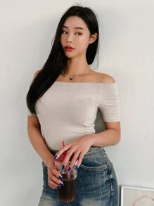 DAZY Camiseta de hombros descubiertos de color sólido, crop tops para mujer - Albaricoque - Ver 4