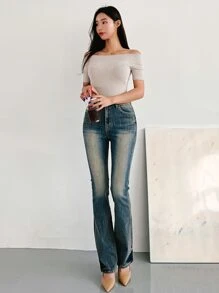 DAZY Camiseta de hombros descubiertos de color sólido, crop tops para mujer - Albaricoque - Ver 8