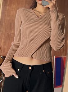 DAZY Solid Crossover Front Crop Jumper - Khaki - View 3