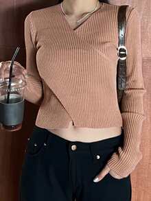 DAZY Solid Crossover Front Crop Jumper - Khaki - View 6