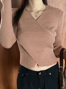 DAZY Solid Crossover Front Crop Jumper - Khaki - View 7