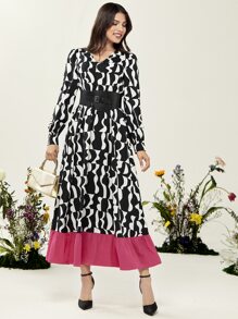 Modelyn Allover Print Ruffle Hem Dress With Belt - Black and White - View 1