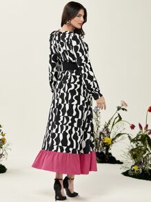 Modelyn Allover Print Ruffle Hem Dress With Belt - Black and White - View 2