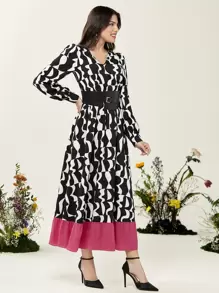 Modelyn Allover Print Ruffle Hem Dress With Belt - Black and White - View 4