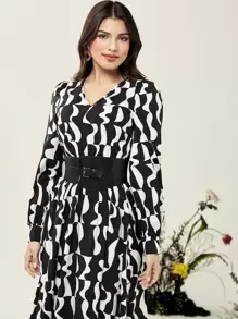 Modelyn Allover Print Ruffle Hem Dress With Belt - Black and White - View 5