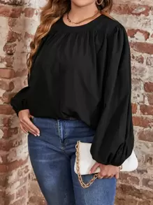 SHEIN LUNE Plus Solid Lantern Sleeve Blouse - Black - View 1