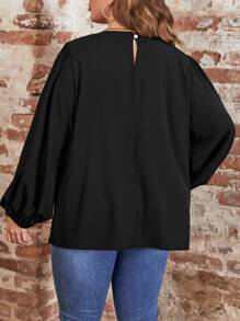 SHEIN LUNE Plus Solid Lantern Sleeve Blouse - Black - View 2
