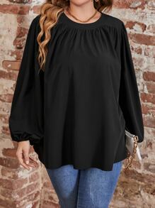SHEIN LUNE Plus Solid Lantern Sleeve Blouse - Black - View 3