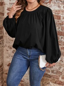 SHEIN LUNE Plus Solid Lantern Sleeve Blouse - Black - View 4