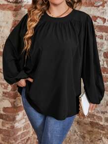 SHEIN LUNE Plus Solid Lantern Sleeve Blouse - Black - View 5
