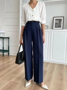 DAZY 男士休闲商务纯色直筒裤，女士正装裤秋季 - 藏蓝色 - 查看 3