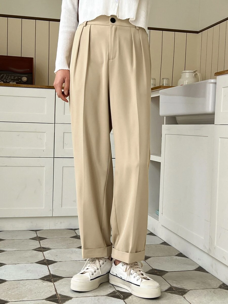 DAZY Fold Pleated Detail Straight Leg Suit Trousers - Khaki - View 1