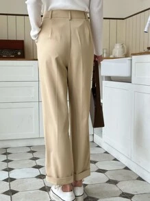 DAZY Fold Pleated Detail Straight Leg Suit Trousers - Khaki - View 2