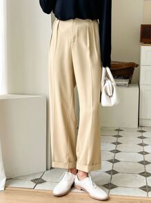 DAZY Fold Pleated Detail Straight Leg Suit Trousers - Khaki - View 3