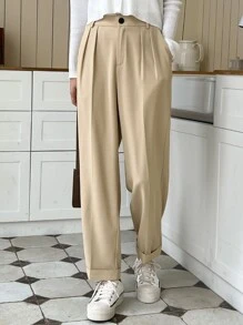 DAZY Fold Pleated Detail Straight Leg Suit Trousers - Khaki - View 4