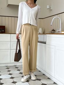 DAZY Fold Pleated Detail Straight Leg Suit Trousers - Khaki - View 5
