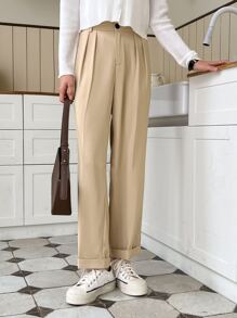 DAZY Fold Pleated Detail Straight Leg Suit Trousers - Khaki - View 6