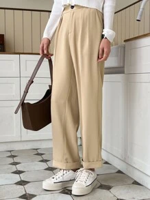 DAZY Fold Pleated Detail Straight Leg Suit Trousers - Khaki - View 7