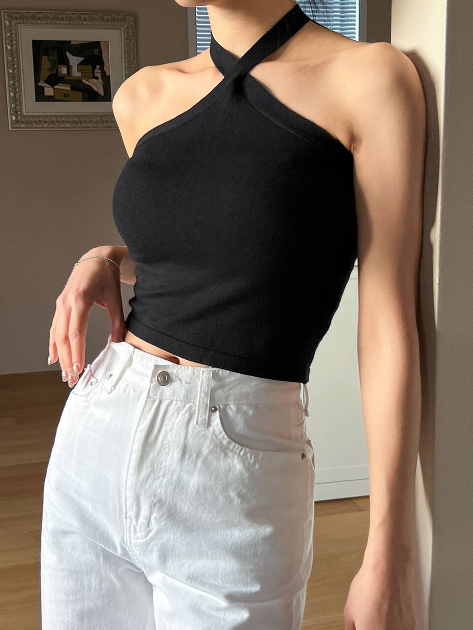 Solid Halter Neck Crop Knit Top