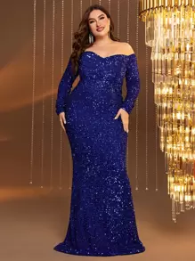 Plus Đầm dự tiệc hở vai, viền đuôi cá, đính sequin, tay dài thanh lịch, dự tiệc cưới, tốt nghiệp, tiệc tối - Xanh đậm - Xem 1