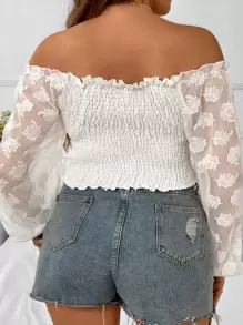 Flirla Plus Off Shoulder Drawstring Front Frill Trim Jacquard Crop Top - White - View 2