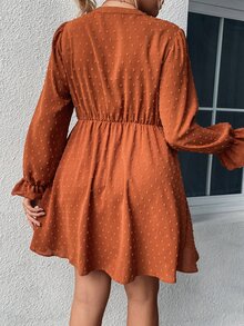 Calvaya Plus Swiss Dot Flounce Sleeve Button Front Dress - Burnt Orange - View 2