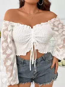 Flirla Plus Off Shoulder Drawstring Front Frill Trim Jacquard Crop Top - White - View 3
