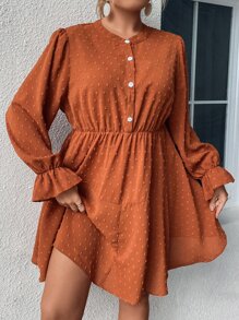 Calvaya Plus Swiss Dot Flounce Sleeve Button Front Dress - Burnt Orange - View 3