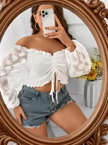 Flirla Plus Off Shoulder Drawstring Front Frill Trim Jacquard Crop Top - White - View 6