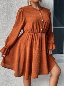 Calvaya Plus Swiss Dot Flounce Sleeve Button Front Dress - Burnt Orange - View 7