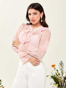 Modelyn Swiss Dot Ruffle Trim Flounce Sleeve Blouse - Baby Pink - View 3