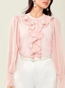 Modelyn Swiss Dot Ruffle Trim Flounce Sleeve Blouse - Baby Pink - View 4