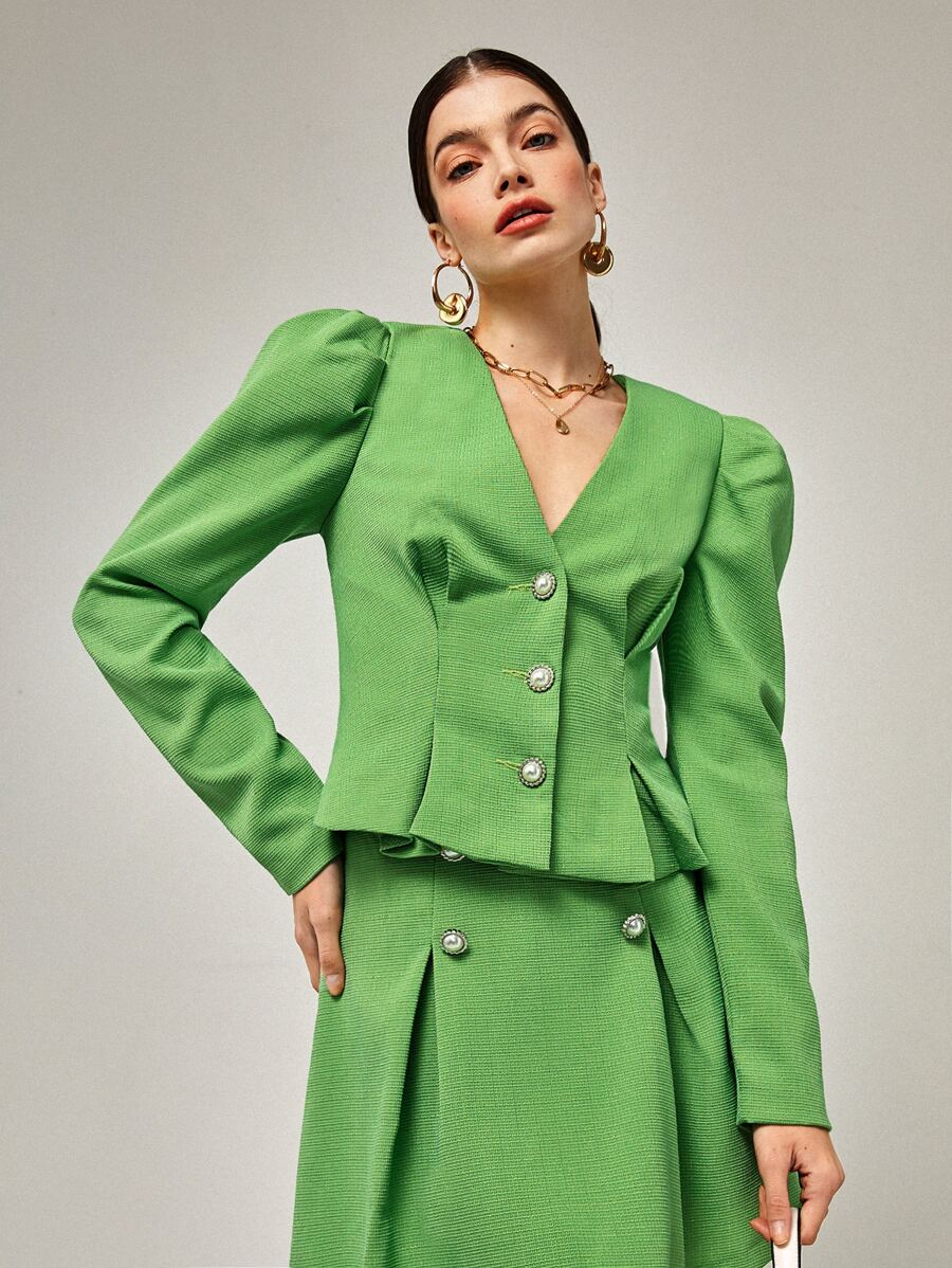 BizChic Puff Sleeve Button Front Tweed Jacket - Lime Green - View 1