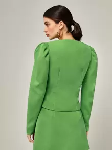 BizChic Puff Sleeve Button Front Tweed Jacket - Lime Green - View 2