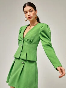 BizChic Puff Sleeve Button Front Tweed Jacket - Lime Green - View 3