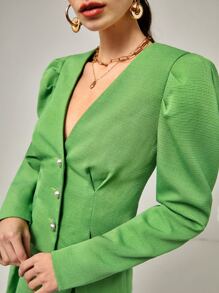 BizChic Puff Sleeve Button Front Tweed Jacket - Lime Green - View 4