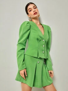 BizChic Puff Sleeve Button Front Tweed Jacket - Lime Green - View 5