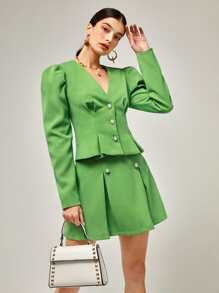 BizChic Puff Sleeve Button Front Tweed Jacket - Lime Green - View 7