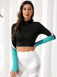 Thumbholes Colourblock Zipper Front Crop Sports Jacket - Black - View 3