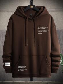 Manfinity Hypemode Men Slogan Graphic Kangaroo Pocket Drawstring Hoodie - Coffee Brown - View 1