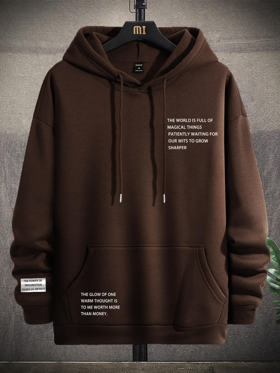 Manfinity Hypemode Men Slogan Graphic Kangaroo Pocket Drawstring Hoodie - Coffee Brown - View 1