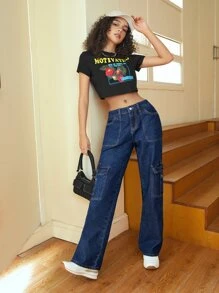 SHEIN EZwear 翻蓋口袋工裝牛仔褲