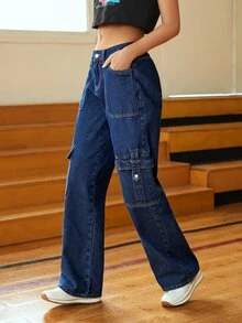 SHEIN EZwear 翻蓋口袋工裝牛仔褲